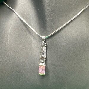 Silver-Tone Pink Faceted Stone Pendant Necklace – Adjustable 9" Chain – Preowned